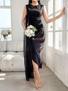 Modelyn Women's Diamond Pleated Bodycon Chiffon Flare Sleeve Dress - Black - View 7