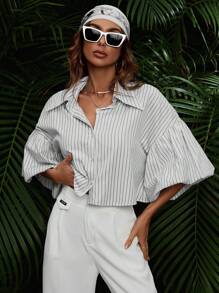 SHEIN Unity 女士条纹落肩单排扣休闲宽松短衬衫 - 灰色 - 查看 5