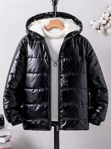 Teen Boys Black Shiny Hooded  Coat, Versatile Daily Wear - Black - View 3