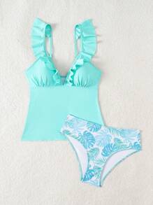 Swim Lushoire 2 件套度假针织植物印花褶饰系带露背吊带背心和比基尼套装女士 - 彩色 - 查看 4