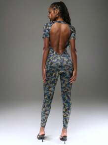 MUSERA Bedrukt lichaam, volledige lengte, getailleerd, uitgesneden rug, jumpsuit, straatstijl, sexy, club, lente, zomer, vakantie, elegant