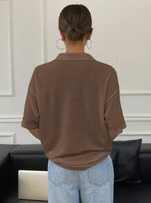 Livesso Women Basic Polo Collar Solid Color Drop Shoulder Sleeve Loose Textured T-Shirt - Rust Brown - View 5