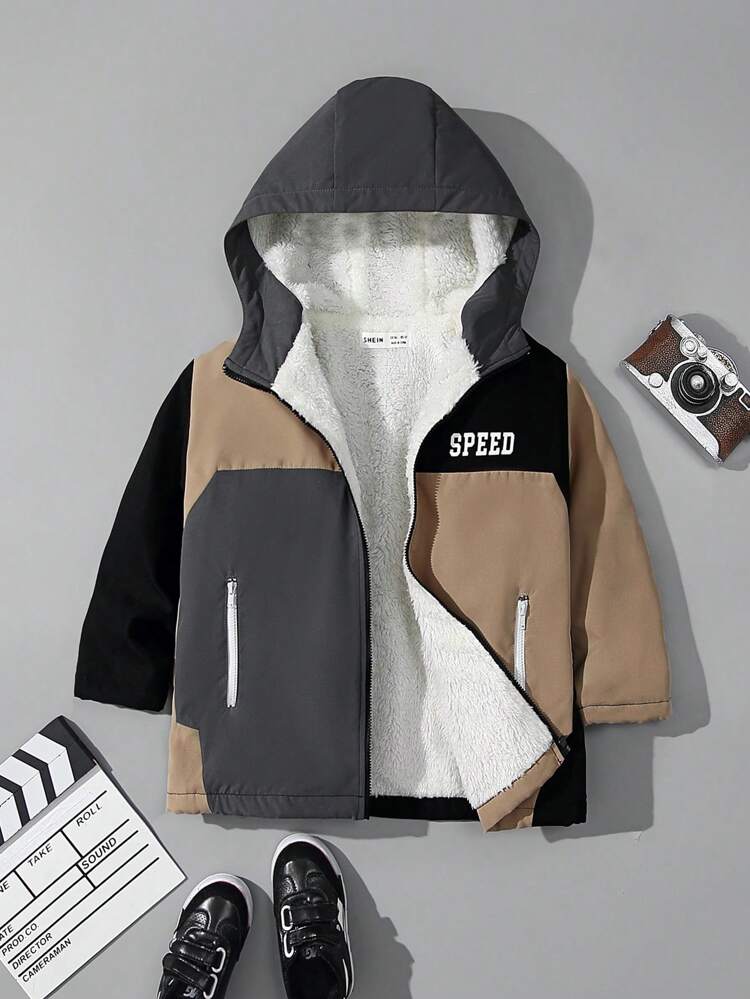 1pc Young Boys' Casual Windbreaker Coat With Warm Lining, Academy Style With Japanese And Korean Letter Print, Street & School Scenes, Fall & Winter