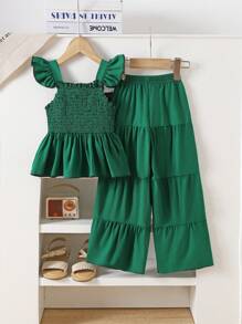 2pcs/Set Young Girl Cabling Craft Ruffle Hem Top With Cap Sleeve & Ruffle Trim Pants Set