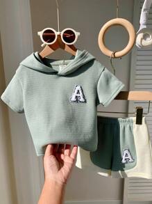 SHEIN Leap Crew 2 件装男婴可爱休闲韩版运动针织撞色字母连帽上衣短裤套装，夏季 - 彩色 - 查看 6