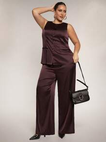 SHEIN BAE Plus Size Women High-Street Purple Red Satin Blazer Vest Top, Wide Leg High Waist Loose Pants, 2pcs Set Suitable For Everyday, Night Out, Date, Party, Afternoon Tea, Concert