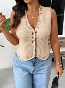 SHEIN Frenchy Plus Size Knit Top For Women, Summer Crochet Button Up Knit Vest, Aesthetic Sleeveless Top In Fall/Winter - Apricot - View 1