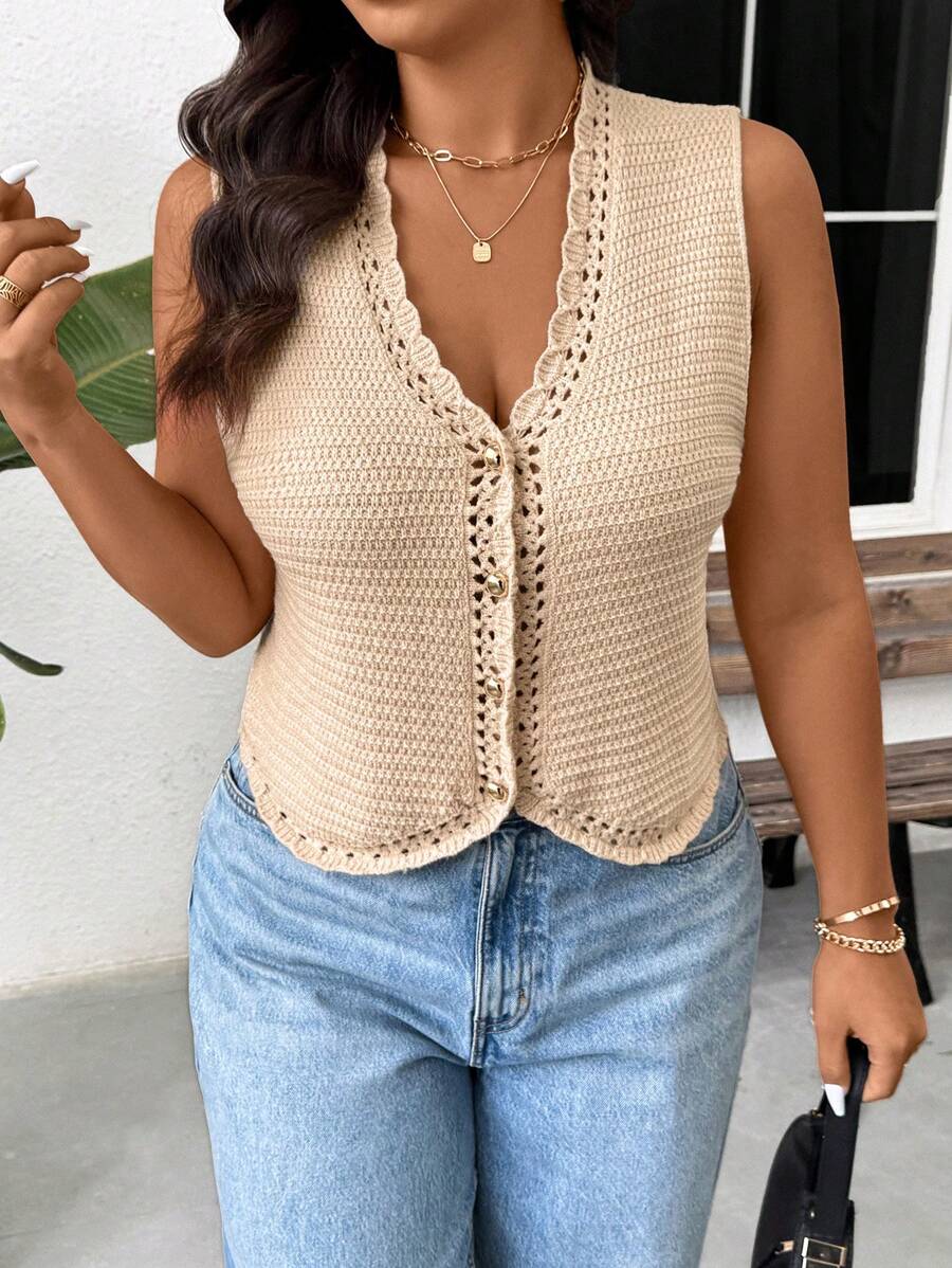 SHEIN Frenchy Plus Size Knit Top For Women, Summer Crochet Button Up Knit Vest, Aesthetic Sleeveless Top In Fall/Winter - Apricot - View 1