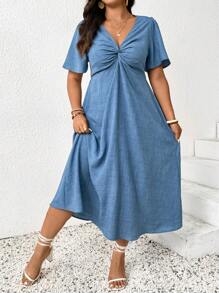 SHEIN Frenchy Plus Size Women Solid Color Twist Ruffle Short Sleeve Casual Dress - Blue - View 2