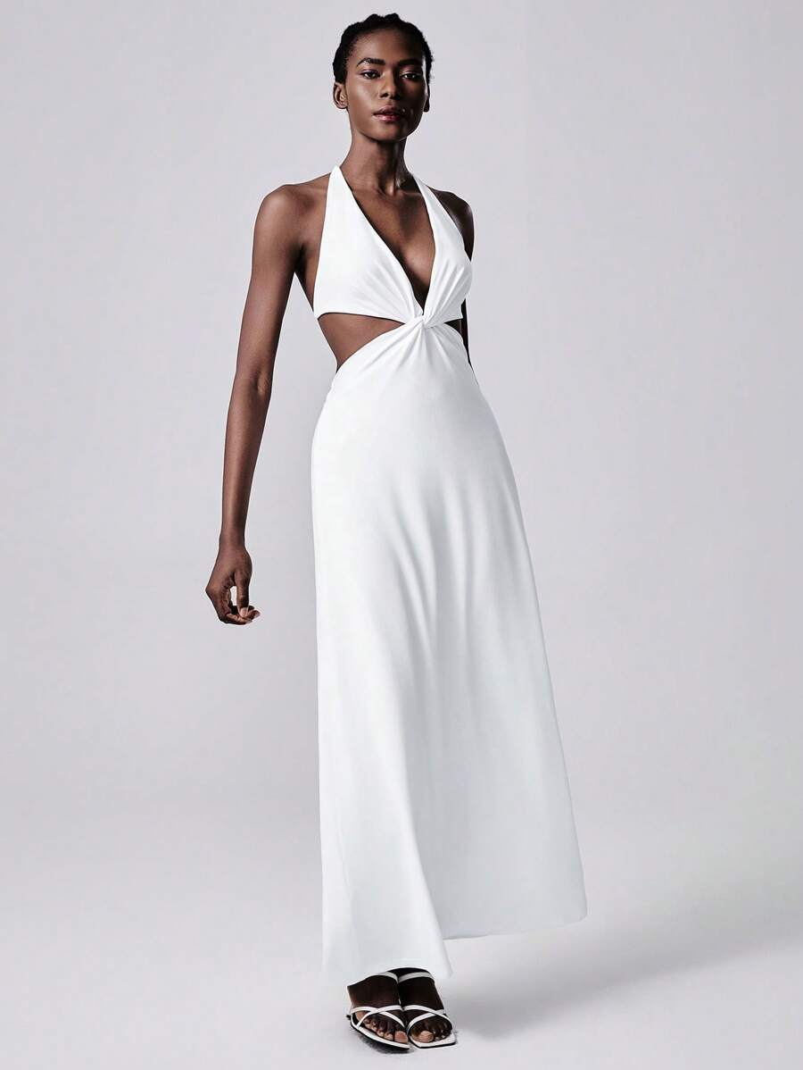 SHEIN Unity Vestido elegante com decote em V e decote em V, estilo chique de férias - Branco - Ver 1