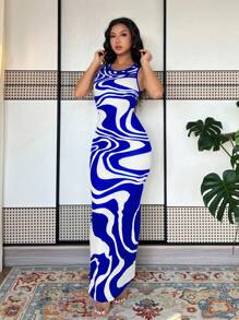 Almamuse Women's Tie-Dye Print Fitted Dress, Summer Long Dress, Green Long Dress Maxi Women Outfit - Blue - View 4