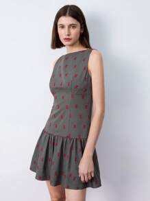 Maija Vestido elegante y versátil de uso diario para el Año Nuevo Chino, con cuello de barco pequeño gris, lazo rojo bordado y volantes en la falda, de tela de alta calidad - Gris - Ver 5