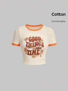 SHEIN MOD Slogan Graphic Contrast Binding Crop Tee GOOD THINGS TAKE TIME