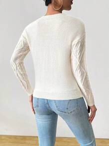 SHEIN LUNE Argyle Pattern Cable Knit Sweater Knit Pullover Fall Winter - White - View 2