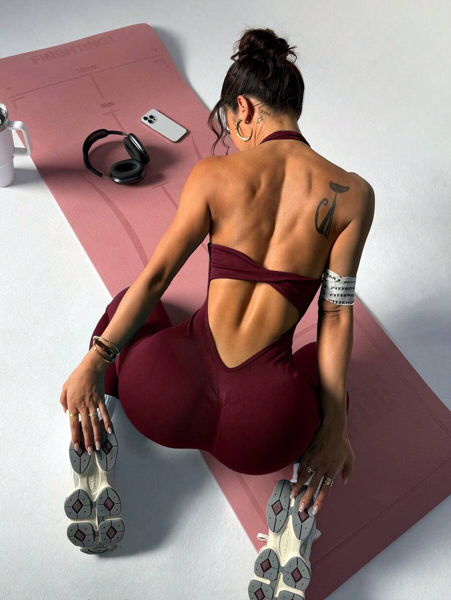 Slayform 女士纯色露背工字背连体裤，日常健身和运动服装 - 酒紅色 - 查看 1