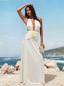 Opulessa Vestido elegante y sexy de mujer con decoración floral 3D y espalda descubierta - Albaricoque - Ver 2