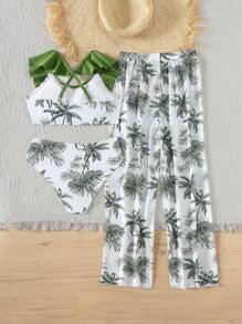 Tween Girl Vacation Palm Tree Print Ruffle Trim Bikini Set With Coverup And Pants (Print Design May Vary) - Multicolor - View 2