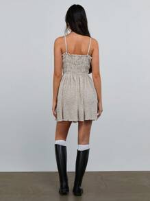 Athîral 女士碎花印花褶饰腰部罩衫连衣裙，夏季/度假/复活节 - 卡其色 - 查看 4