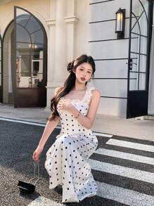 DAZY 女士夏季蕾丝波点吊带蝴蝶结中长连衣裙，挤奶女工连衣裙，吊带长裙 - 杏色 - 查看 6