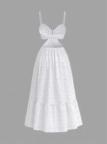 SHEIN MOD Vestido blanco acampanado con dobladillo decorado en la parte delantera y central y cintura corta