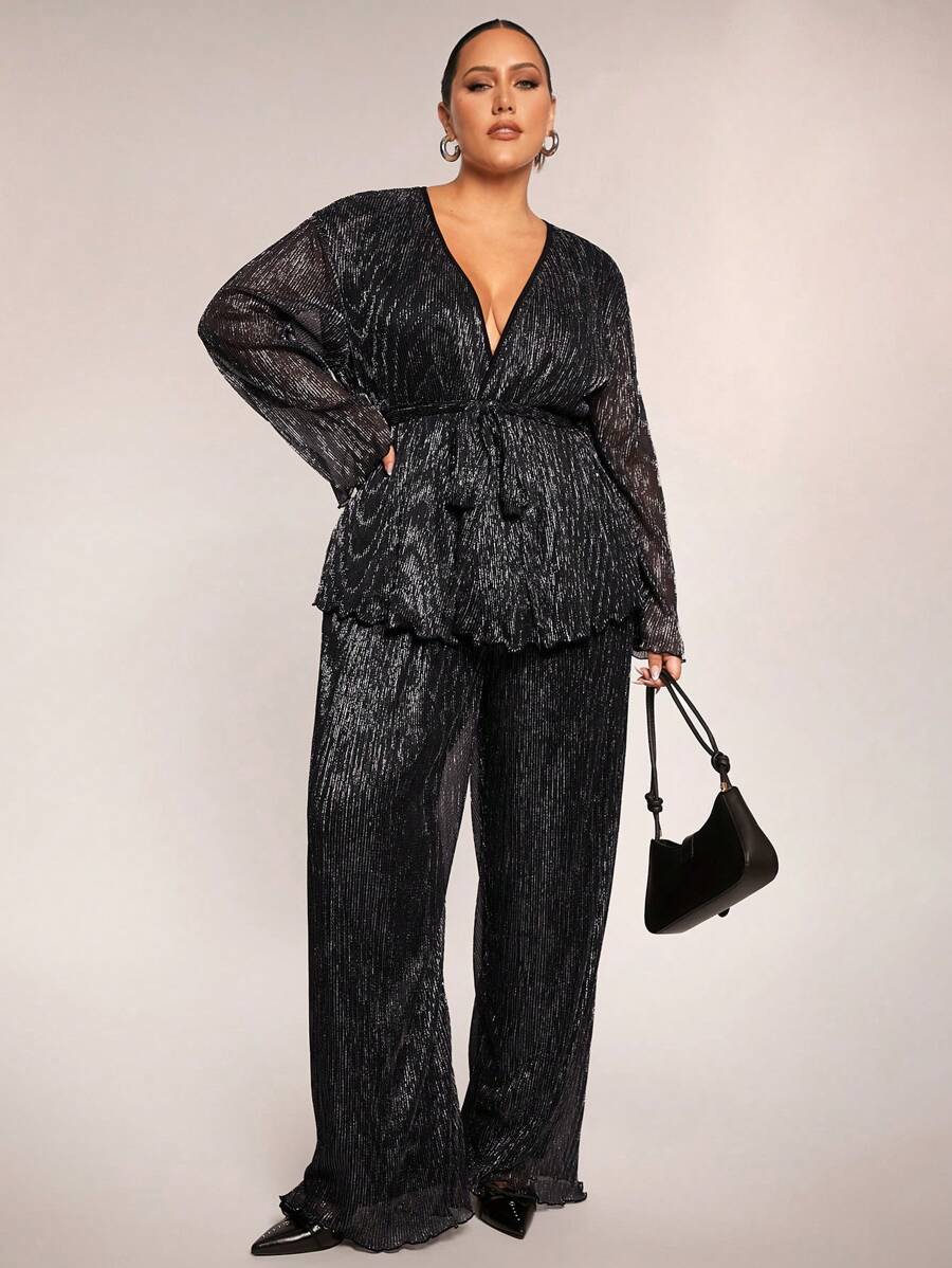 SHEIN BAE Plus Size Women 2 Pieces Set, Loose Black & Silver Long Sleeve Top And Wide-Leg Pants, Suitable For Casual Wear, Night Out, Date, Party, Afternoon Tea, Concert - Black - View 1