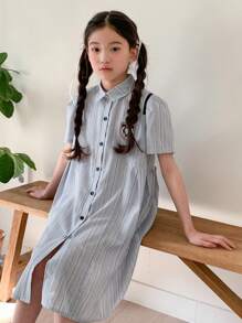 DAZY Tween Girls' Summer Casual Striped Button Front Dress, College Style,Back To School Clothes - Blue - View 2