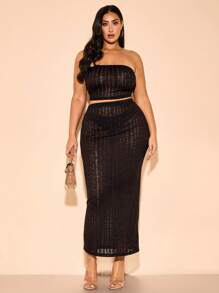 SHEIN BAE Plus Size Women's Sexy Elegant Casual Beach Sheer Black Tube Top And Hollow Out Knit Skirt 2 Pieces Set, Spring/Summer