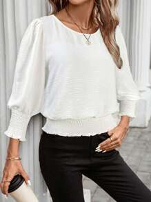 SHEIN LUNE 女士休闲纯色套头衫 3/4 袖衬衫，秋冬基本款日常穿着 - 白色 - 查看 6