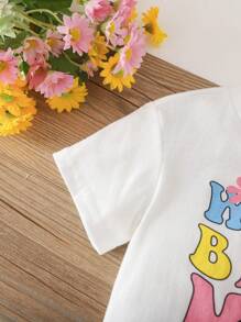 SHEIN Babygirl 可爱卡通印花短袖 T 恤和松紧腰条纹裤两件套，夏季 - 白色 - 查看 6