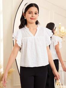 SHEIN Tween Girl Holiday Casual Fashion V-Neck Ruffle Sleeve Blouse - White - View 3