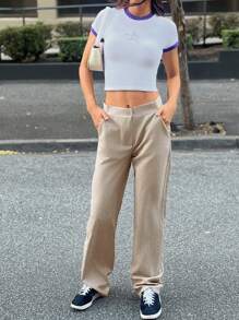 SHEIN Cottnline Women Stripe Pattern High Waist Straight Pants - Beige - View 5