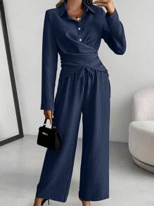 SHEIN Clasi Damski codzienny zestaw dojazdów do pracy, jednokolorowa koszula i spodnie typu cross-wrap, 2 sztuki - Granatowy - Zobacz 5