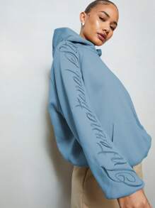 SUMWON WOMEN 舒适的插肩袖连帽衫，配有袋鼠口袋，休闲运动休闲运动衫，抽绳兜帽，非常适合秋冬家居服 - 藍色 - 查看 3