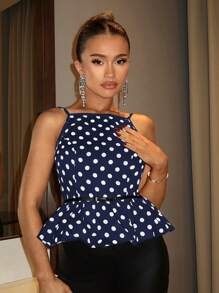 Glamine Elegant & Luxurious Satin Retro Hepburn Style Polka Dot Small Square Collar Suspender Flower Bud Hem Zipper Waist Vintage Women's Tank Tops & Camis