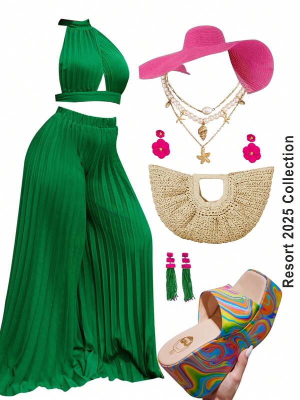 Slaydiva Women Summer Casual Beach Vacation Sleeveless Twist Knot Vest Top And Wide Leg Pleated Pants 2 Pieces Set - Green