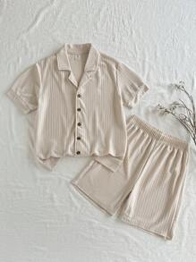 SHEIN Tween Boys' Solid Color Polo Shirt And Shorts Set, Spring/Summer - Apricot - View 3