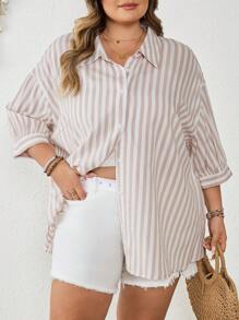 SHEIN CURVE+ 大码女式前扣条纹衬衫，春夏休闲装，休闲衬衫 - 彩色 - 查看 8