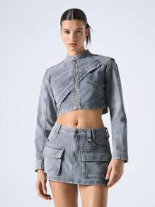 LYSMO 女士时尚做旧烟灰色牛仔短款夹克 2025 年夏季新品 - 灰色 - 查看 3