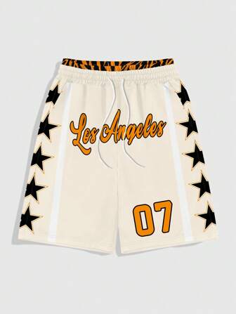 Men's Prep Summer Casual Star & Letter Print Drawstring Waist Shorts