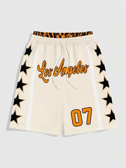 Prep Pantalones cortos casuales de verano para hombres con estampado de estrellas y letras y cintura con cordón