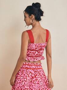 VALERIA GALIPOLI Designer Women's Pink And Red Floral Print Ruffle Bow Detail Wide Strap Cropped Summer Top - Multicolor - View 2