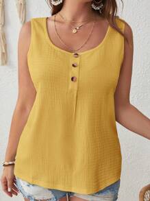 SHEIN VCAY Plus Size Women Plain Button Design Round Neck Casual Tank Top - Yellow - View 4