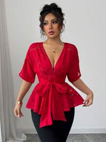 Elenzga 优雅性感红色网眼提花深 V 领短袖收腰蝴蝶结前襟女式衬衫 - 紅色 - 查看 3