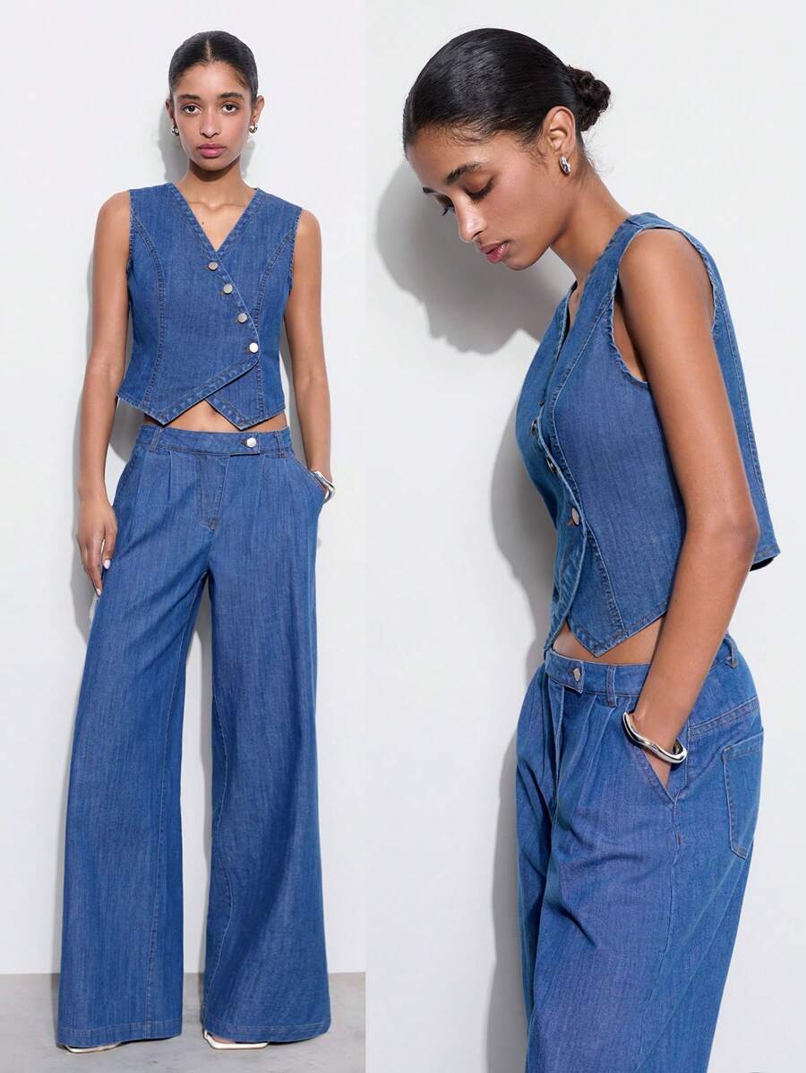 Maija 女士休闲修身无袖牛仔背心，蓝色 - 中等水洗藍 - 查看 1