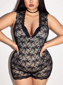 SHEIN ICON Plus Size V-Neck Lace Jumpsuit, Minimalist Fashion Casual Everyday Romper - Black - View 4