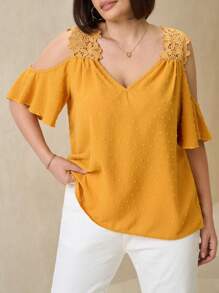 SHEIN Clasi Plus Size Women's Splice Lace Open Shoulder Ruffle Short Sleeve Elegant Blouse - Yellow - View 1