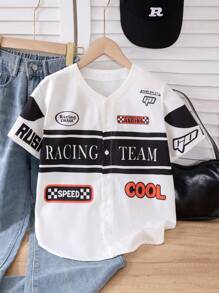 Tween Girl 字母印花短袖单排扣宽松休闲衬衫 - 黑色 - 查看 4