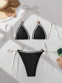 SHEIN 女士军绿色贝壳边饰泳衣