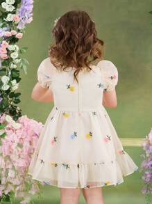 SHEIN Baby Girl Woven Mesh Embroidered Round Neck Puff Sleeve Casual Dress - Beige - View 7
