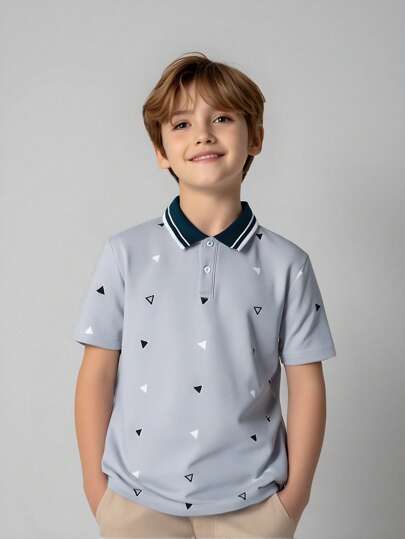 SHEIN Vacaura Tween Boy Allover Print Polo Shirt, College Style Casual Short Sleeve Top Suitable For Commuting & Leisure Wear Summer Holiday